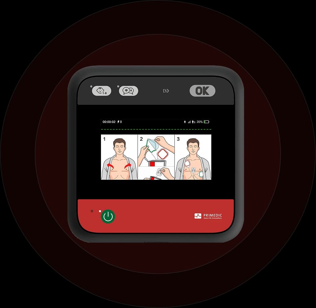 HeartSave myPAD automated external defibrillator (AED) — compact body, color display, and CPR feedback sensor